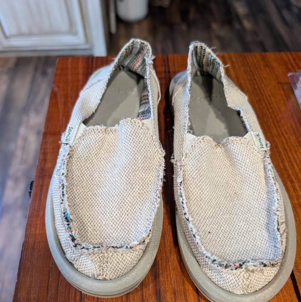 Sanuk Natural Beige Frayed Canvas Slip-Ons